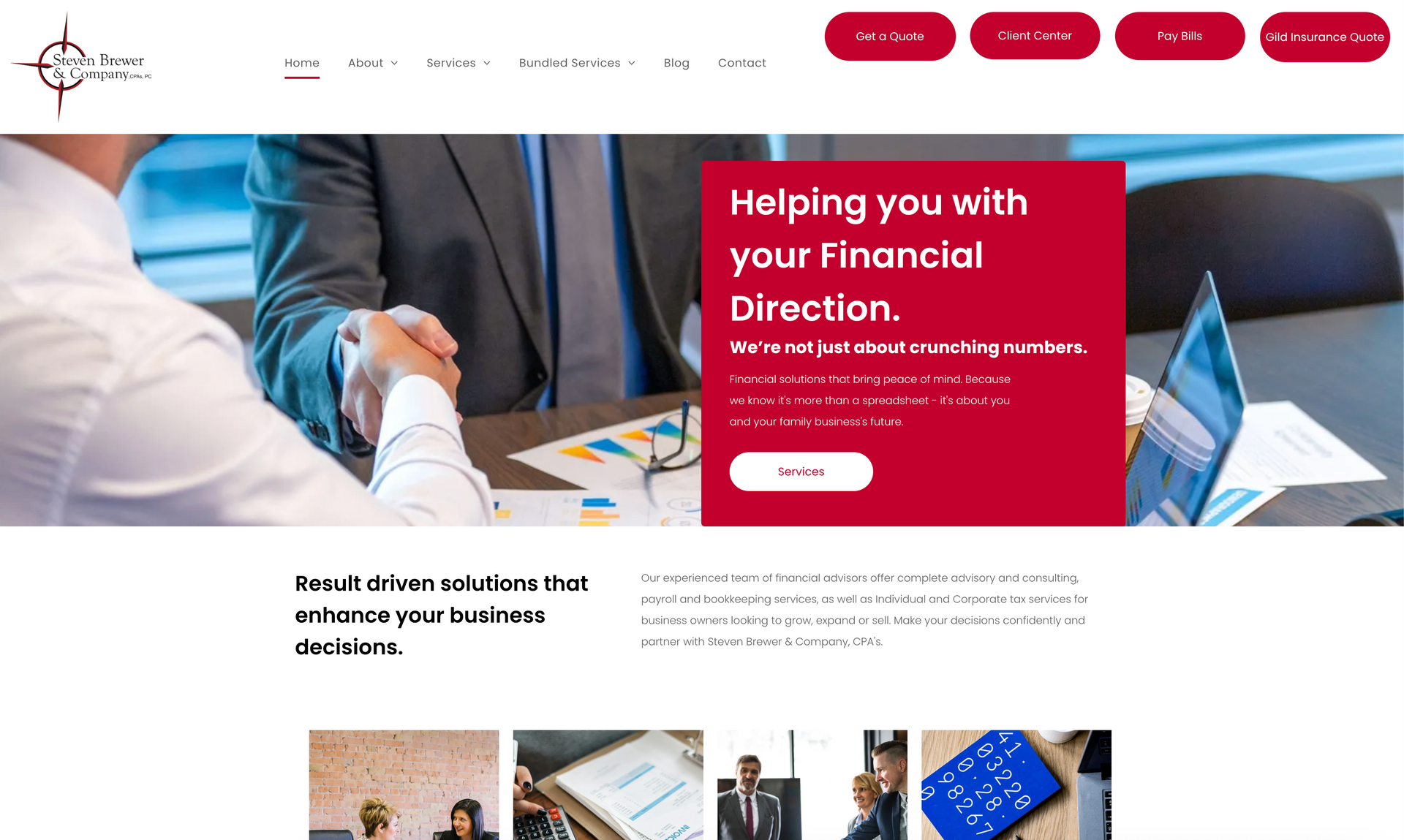 Website homepage featuring a handshake, with text about financial direction.