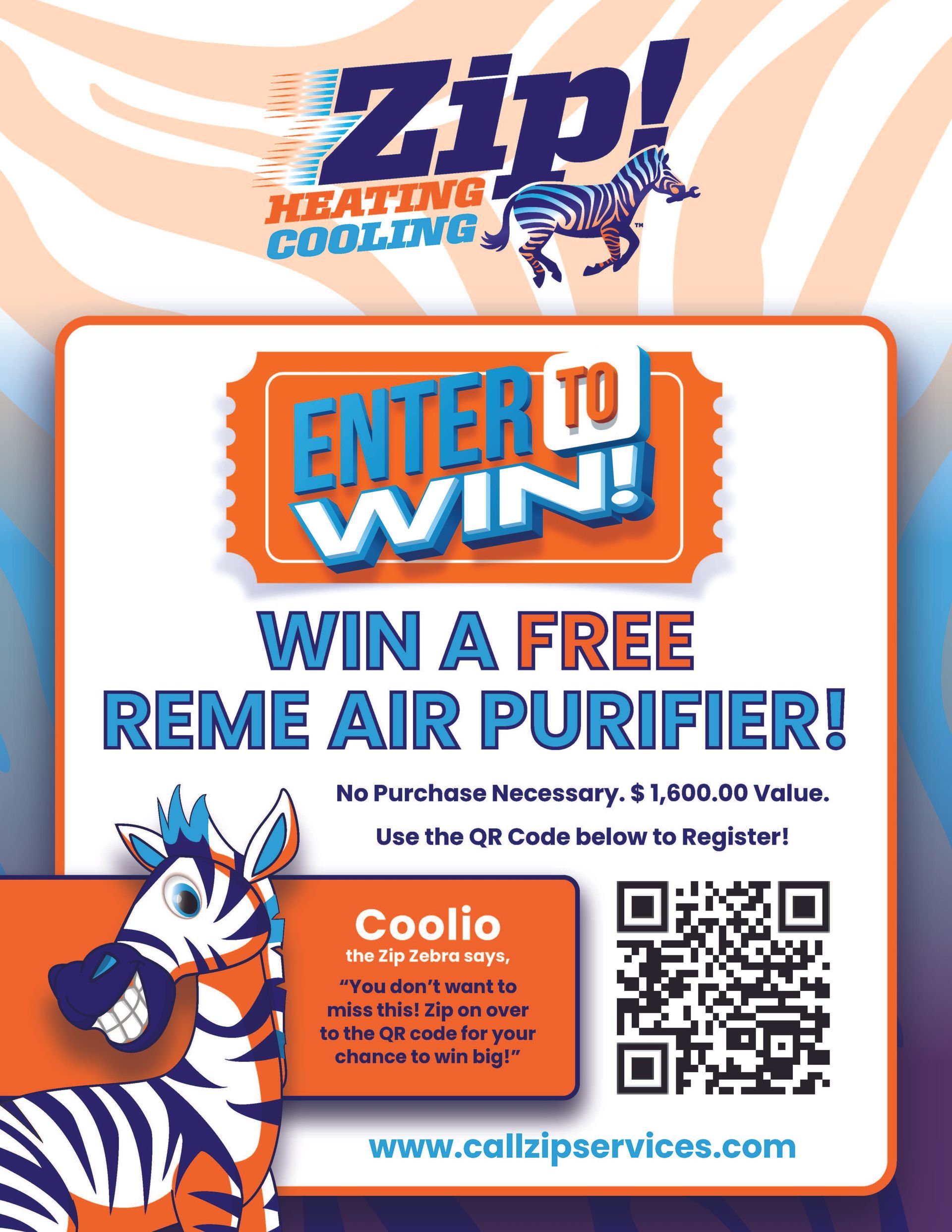 Flyer for Zip Heating & Cooling, offering a free REME air purifier. Features a zebra mascot, and QR code to register.