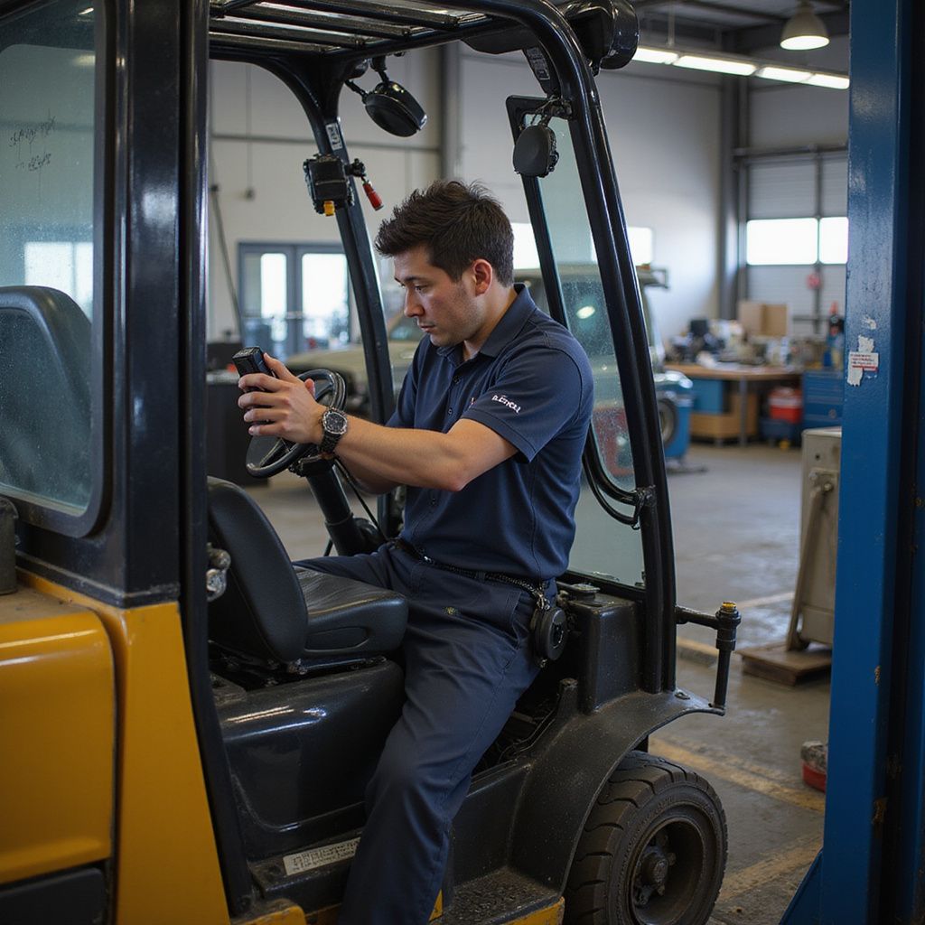 Man in work uniform operating a yellow forklift inside a warehouse.