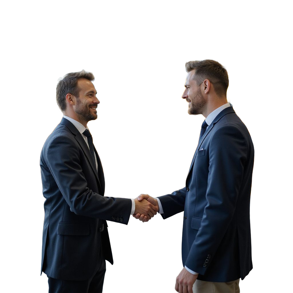 Two men in suits shaking hands, smiling, white background.