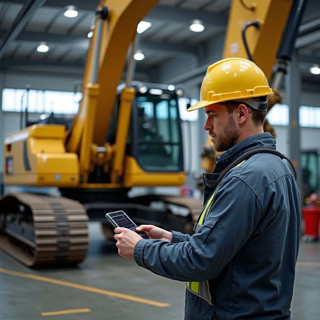 Construction worker inspecting Lonking excavators inside Vibranium Machinery warehouse Dubai UAE