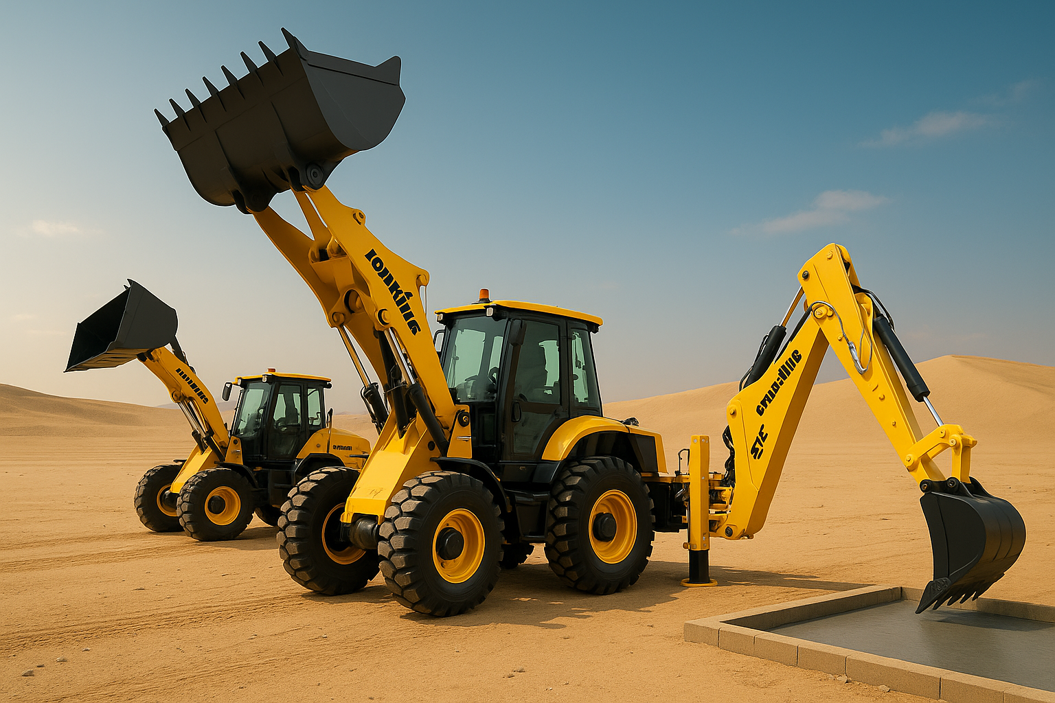 Three Lonking yellow backhoe loaders parked on desert sand with blue sky in UAE
