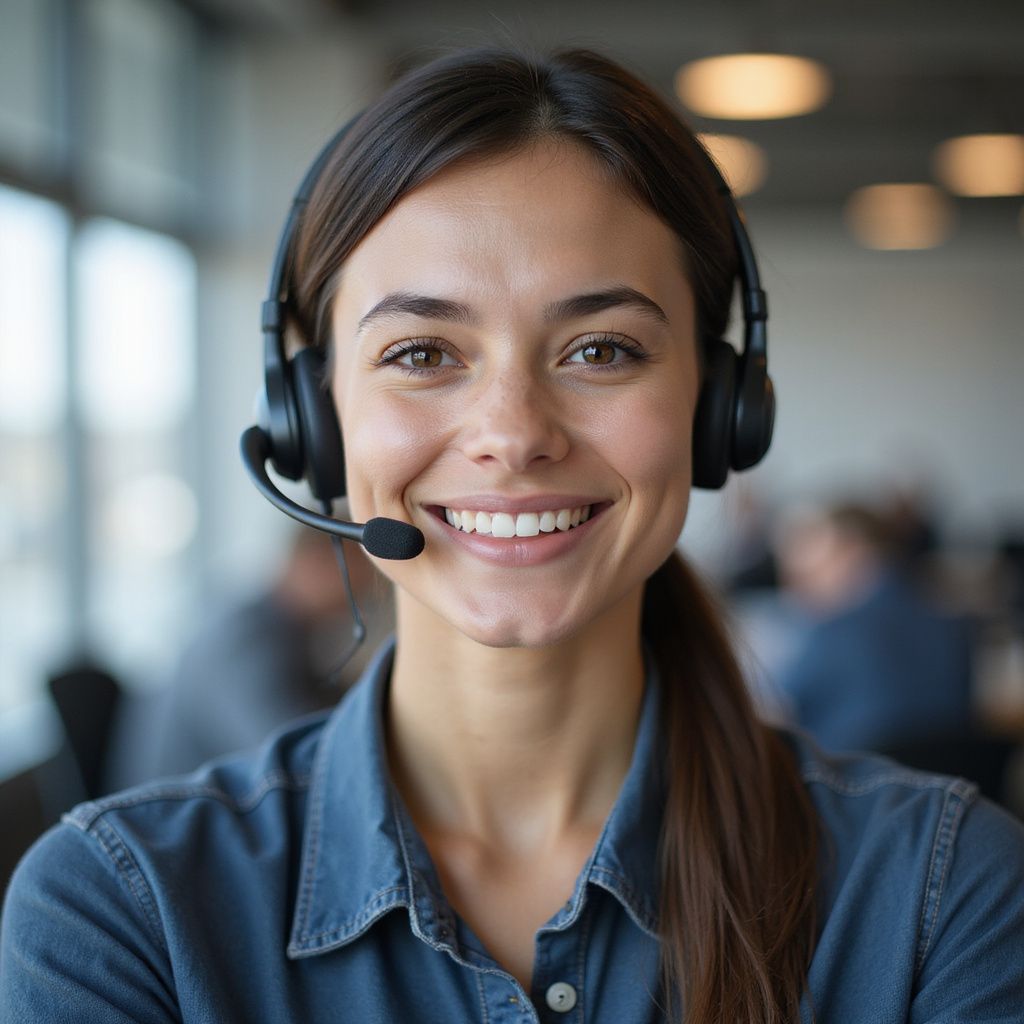 Woman with headset smiles directly at the camera in an office setting.