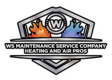 A logo with a shield, fire and ice flames, a "W" in a circle, and text: "WS MAINTENANCE SERVICE COMPANY HEATING AND AIR PROS."