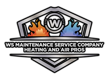 A logo with a shield, fire and ice flames, a "W" in a circle, and text: "WS MAINTENANCE SERVICE COMPANY HEATING AND AIR PROS."