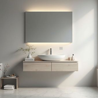 Bagno moderno con mobile lavabo sospeso in legno,