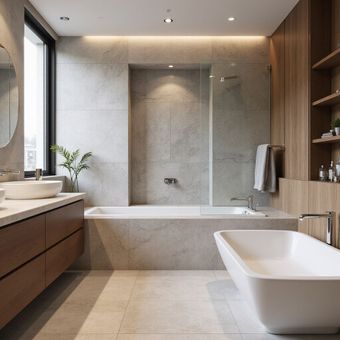 Bagno moderno con vasca, doccia e pannelli in legno.