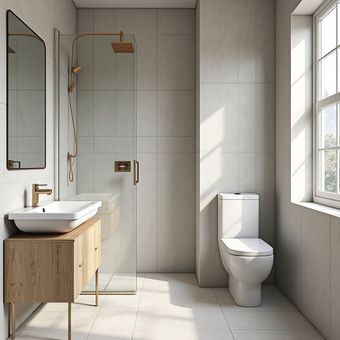 Bagno con mobiletto in legno, doccia con finiture dorate e finestra.