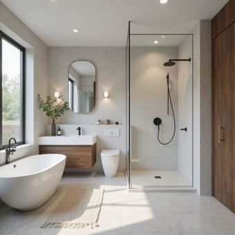 Bagno moderno con vasca da bagno, doccia in vetro e dettagli in legno.