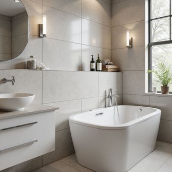 Bagno moderno con vasca, lavandino e finestra. Toni neutri e design elegante.