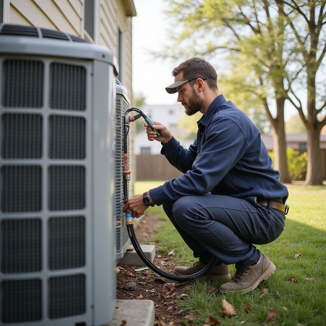 Un tecnico HVAC in tuta blu controlla un'unità di aria condizionata all'esterno, su un prato erboso.