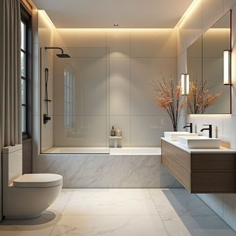 Bagno moderno con WC, vasca, doccia, mobile lavabo sospeso e grandi specchi.