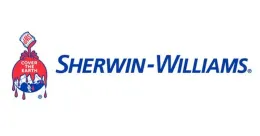 Sherwin-Williams logo: paint can spilling red paint over the globe. Blue text: Sherwin-Williams.