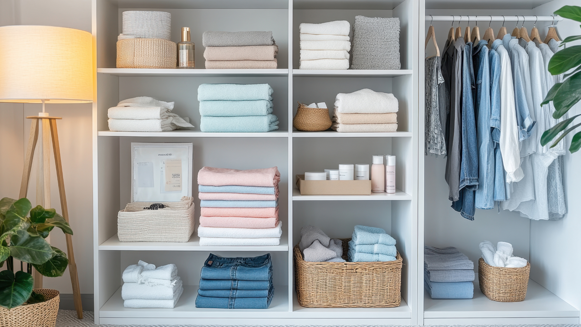 A well-organized closet with shelves holding folded linens, baskets, and stacked clothing; clothing hangs on a rod.