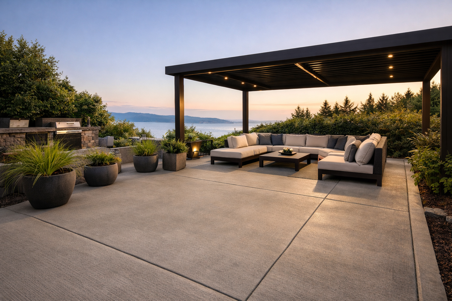 Patio with seating under pergola, overlooking water and trees, at sunset.