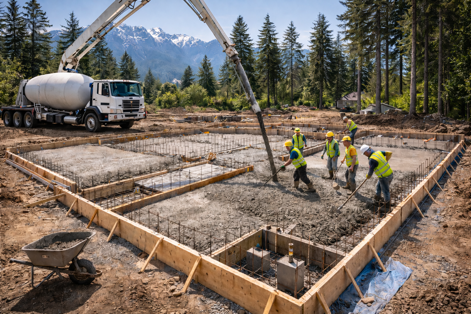 Concrete being poured into a foundation form by a cement truck on a construction site with workers.