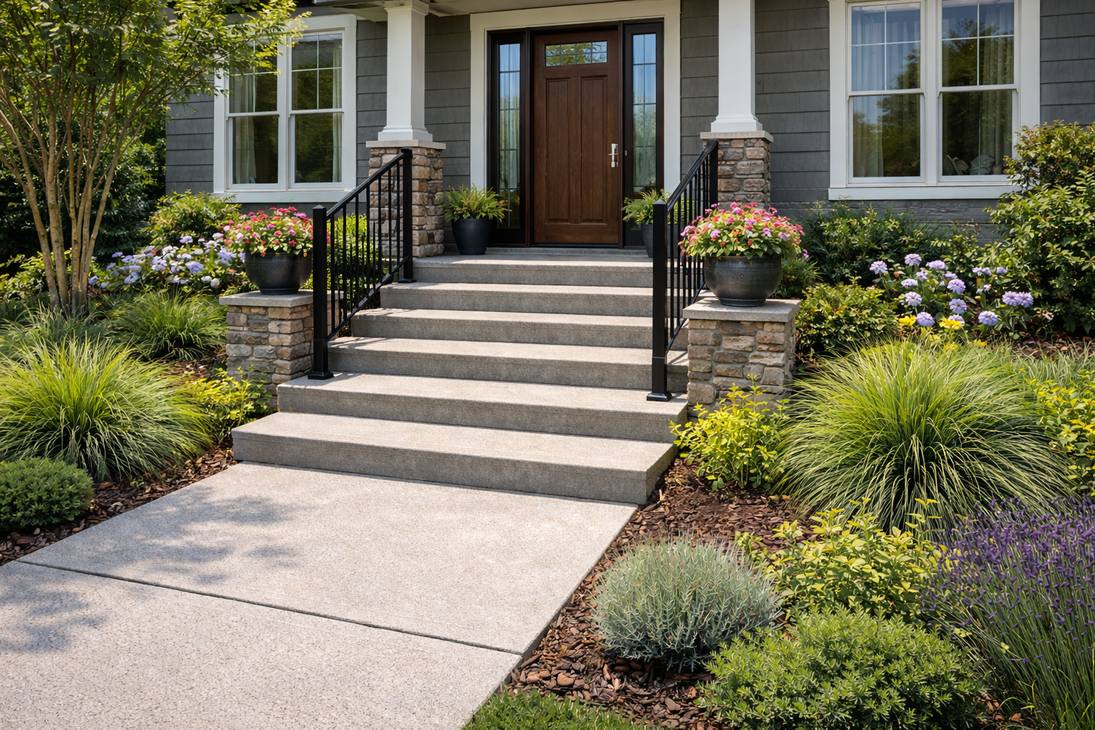 Concrete steps leading to a house with a brown door, black railings, and surrounding landscaping.