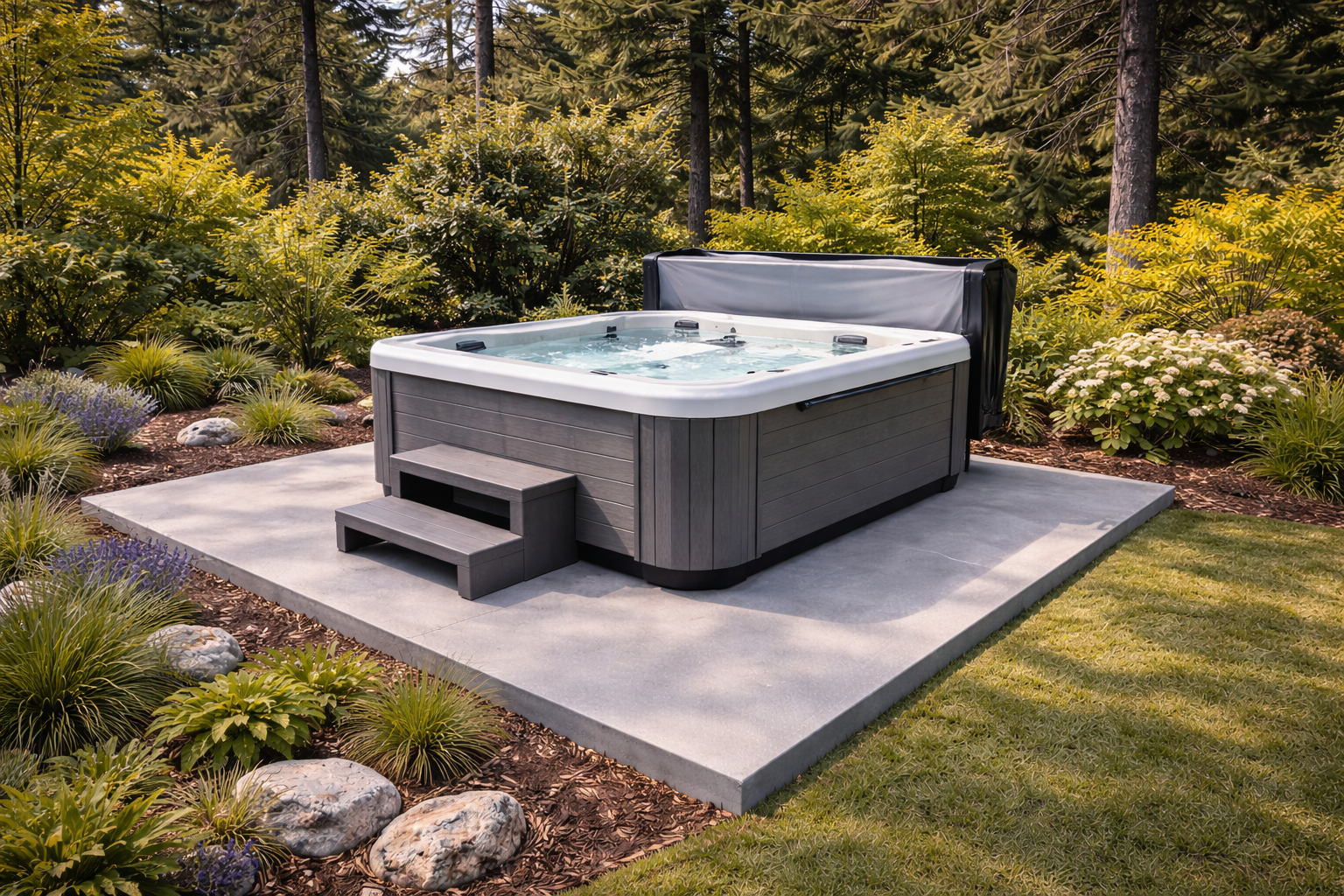Hot tub on a concrete pad surrounded by lush greenery, with steps for entry.