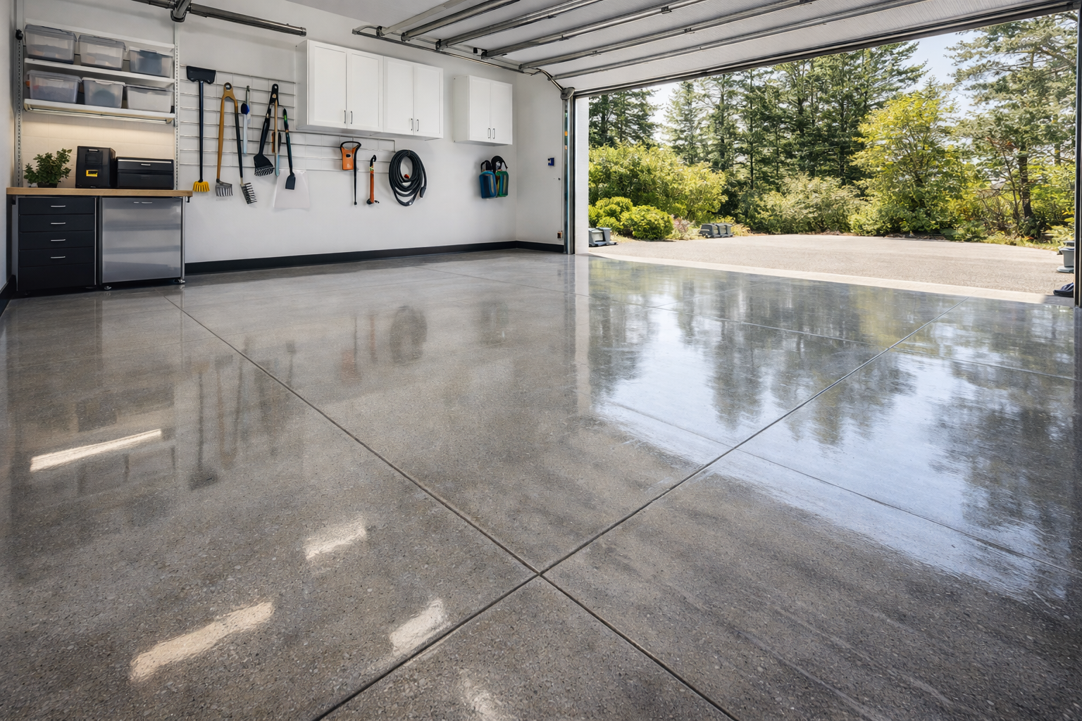 Garage with shiny gray floor, open door, storage cabinets, and tools on wall. Trees visible outside.