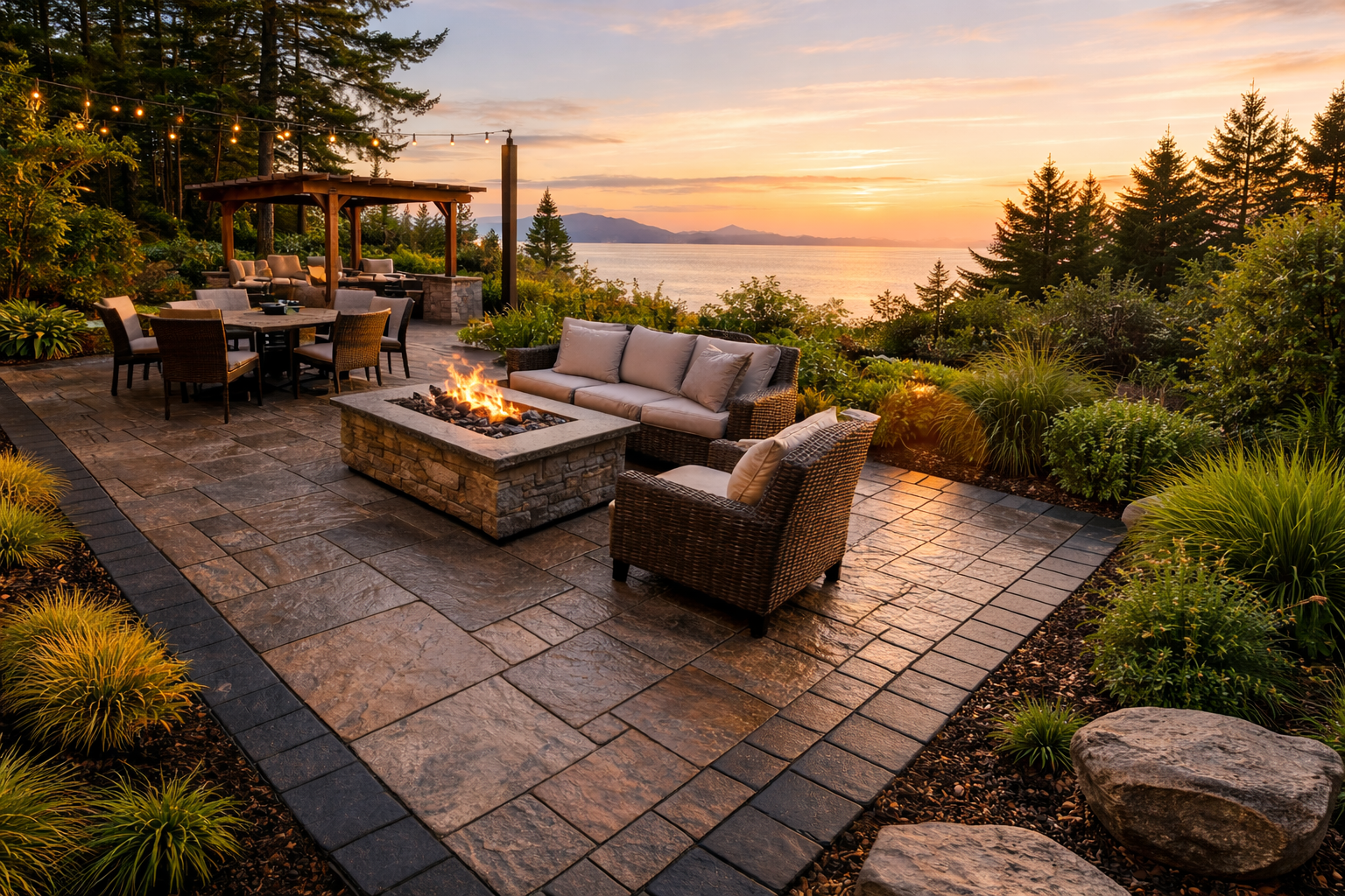 Patio with fire pit and seating overlooking a sunset over a body of water and trees.