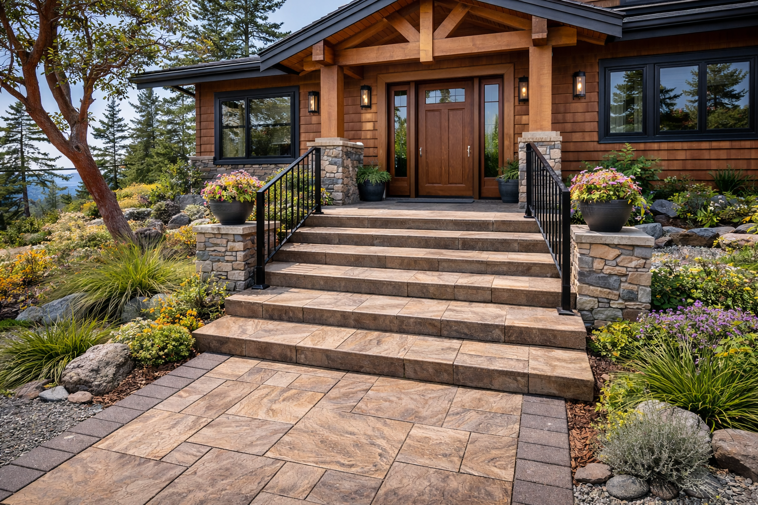 Stamped concrete steps leading to a wooden house entrance with landscaping and potted flowers.