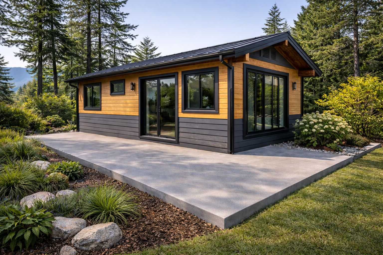 Small cabin with black trim and windows, a gray base, wooden upper walls, and a concrete patio in a wooded area.