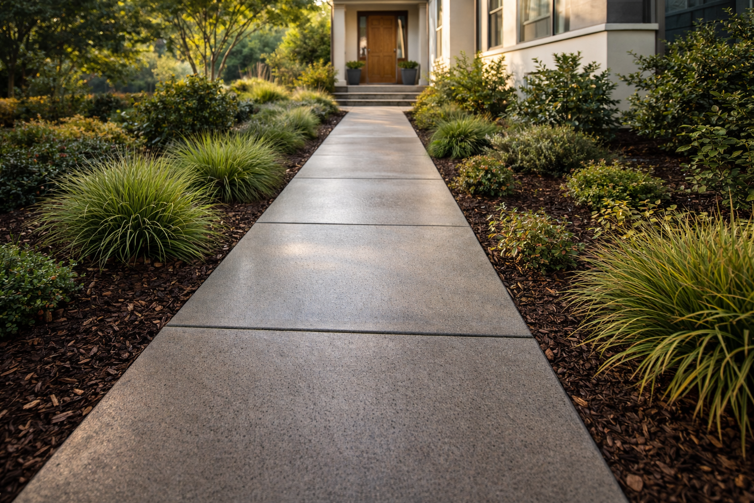 Concrete walkway leads to a house entrance, flanked by landscaped greenery and wood chips.