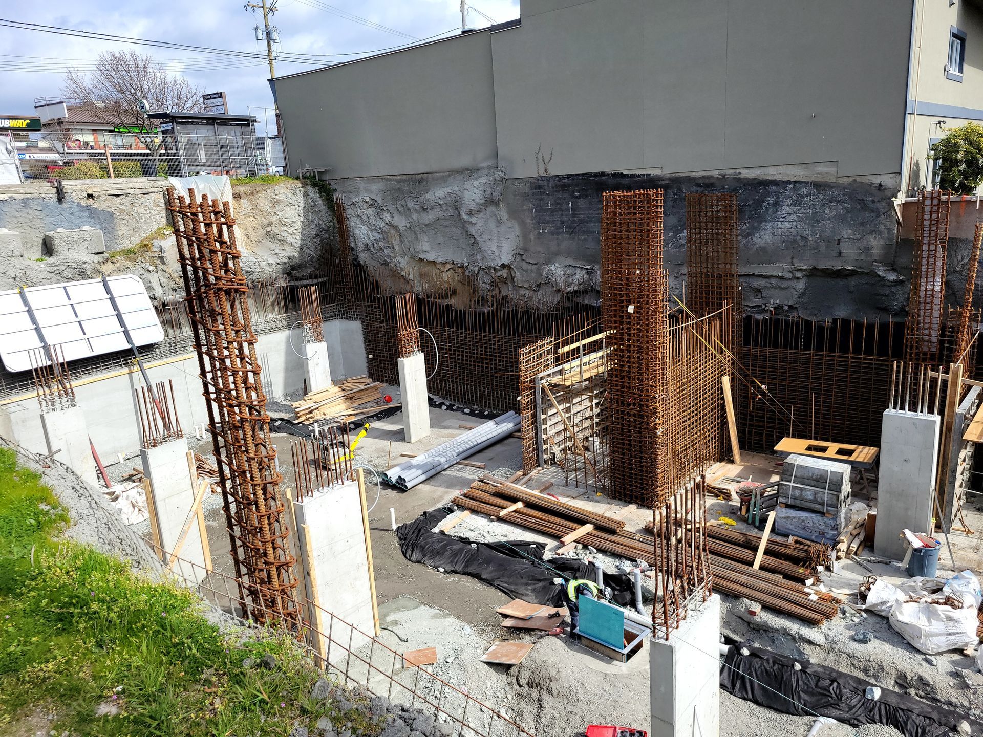 Pouring a concrete foundation with rebar inside