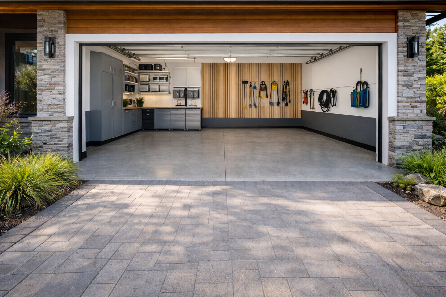 Open garage interior with tools, cabinets, and a wood accent wall; gray floor.