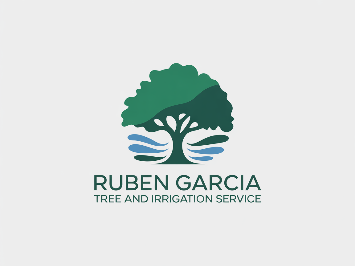 Logo for Ruben Garcia Tree and Irrigation Service. A green tree sits above blue water with the company name.