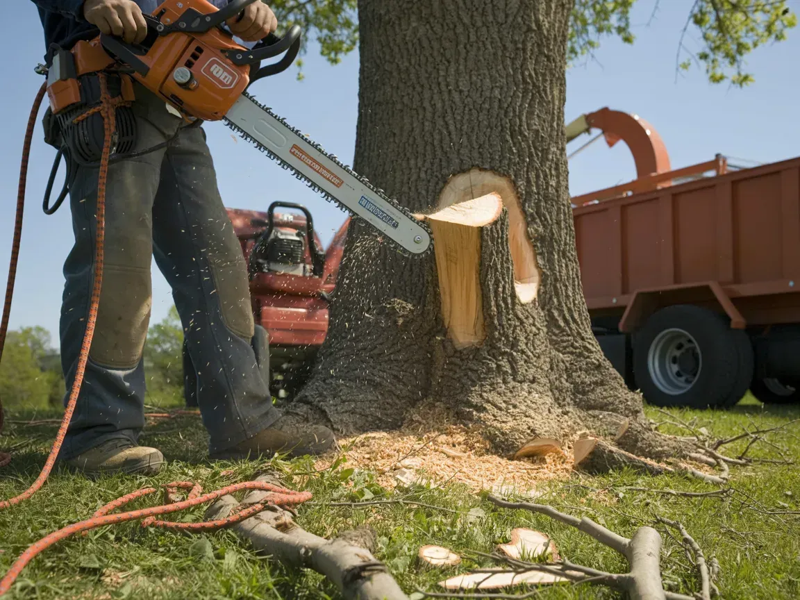 Person using a chainsaw to cut a tree trunk. A chipper and truck are in the background.