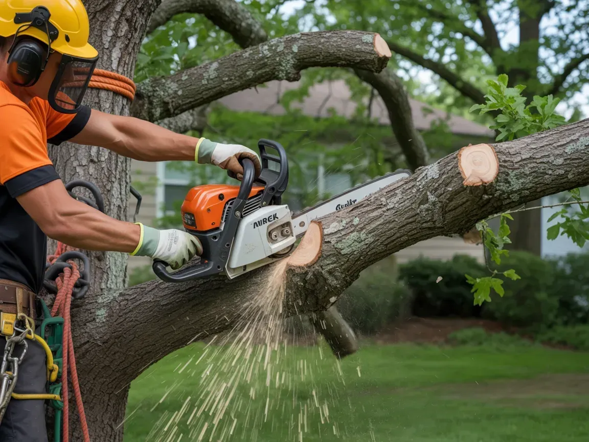 Man in safety gear using a chainsaw to cut a tree branch outdoors, sparks flying.
