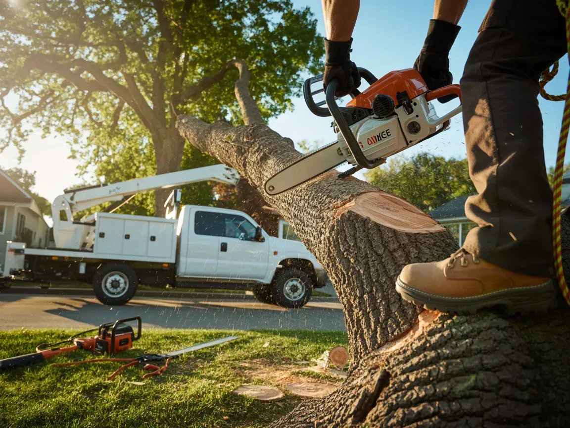 Person uses chainsaw to cut a tree limb, truck with a boom lift in the background.