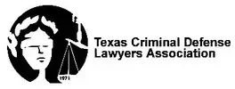 Texas Criminal Defense Lawyers Association logo featuring a blindfolded woman, scales, and laurel wreath.