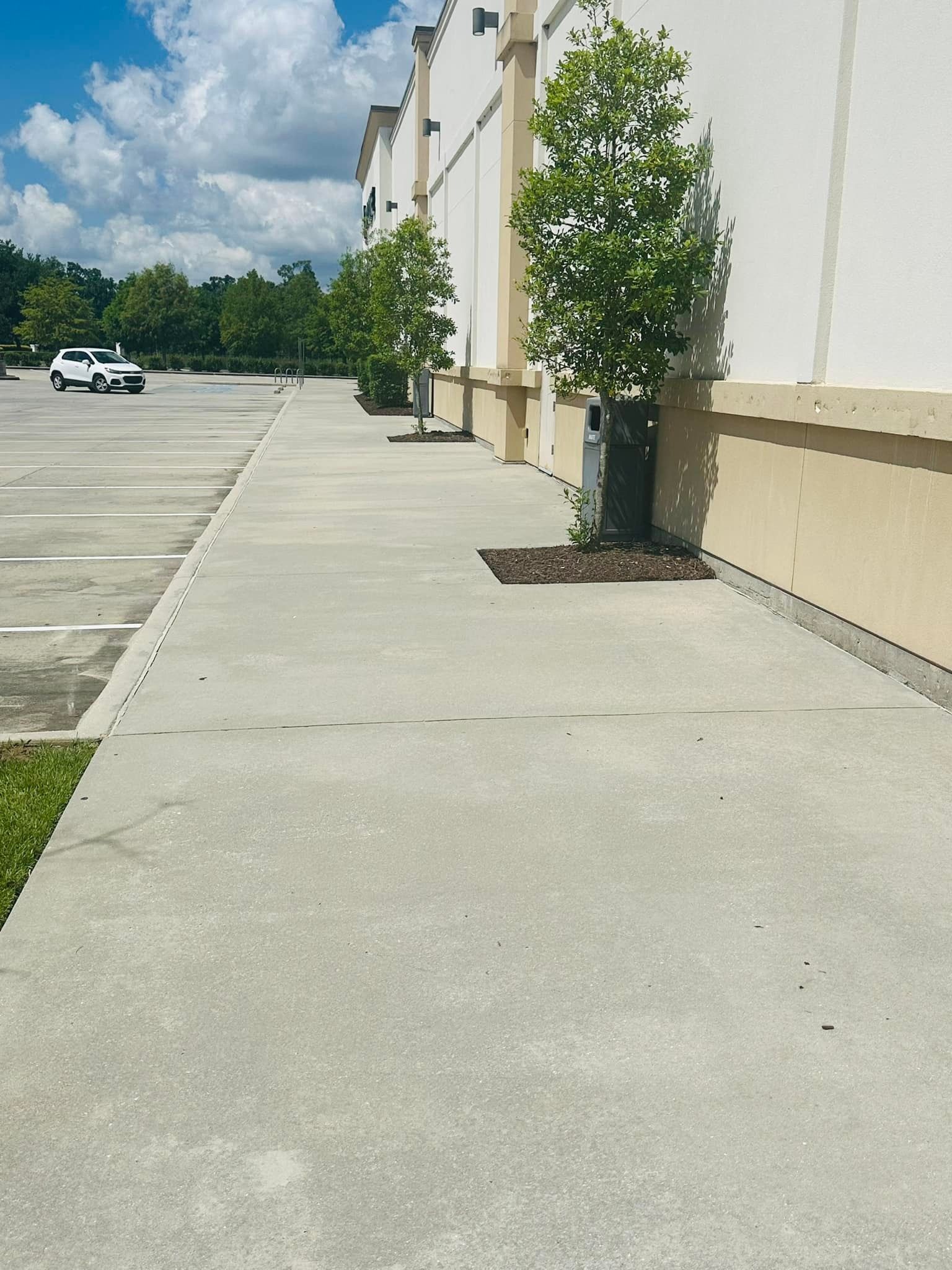 Sidewalk next to a building, trees, and a parking lot on a sunny day.