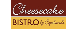 Cheesecake Bistro by Copeland's logo: brown and yellow background, white script text.