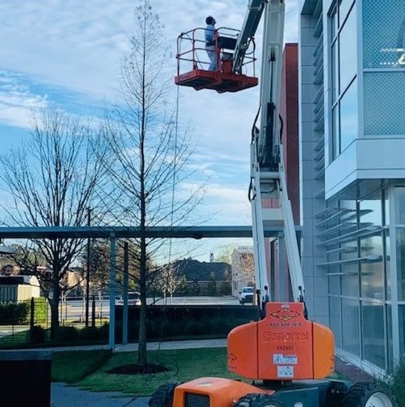 Person in lift basket working on building exterior. Orange lift, blue sky, tree.