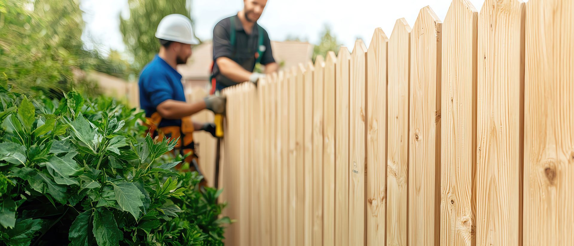 Team of builders erecting a wooden privacy fence in a suburban backyard. Team of builders erecting a wooden privacy fence in a suburban backyard.
