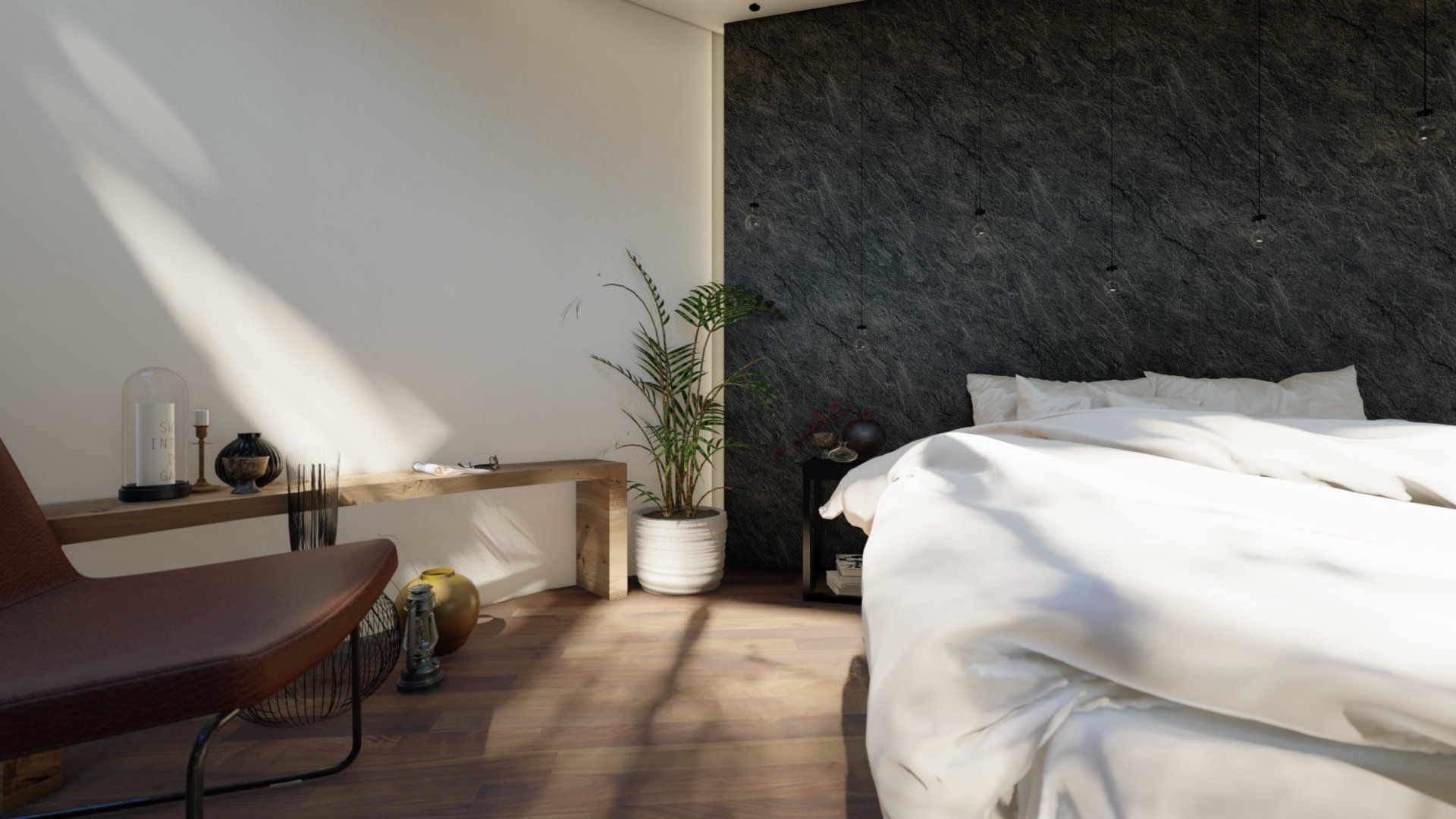 Een slaapkamer met een bed, stoel, tafel en plant.