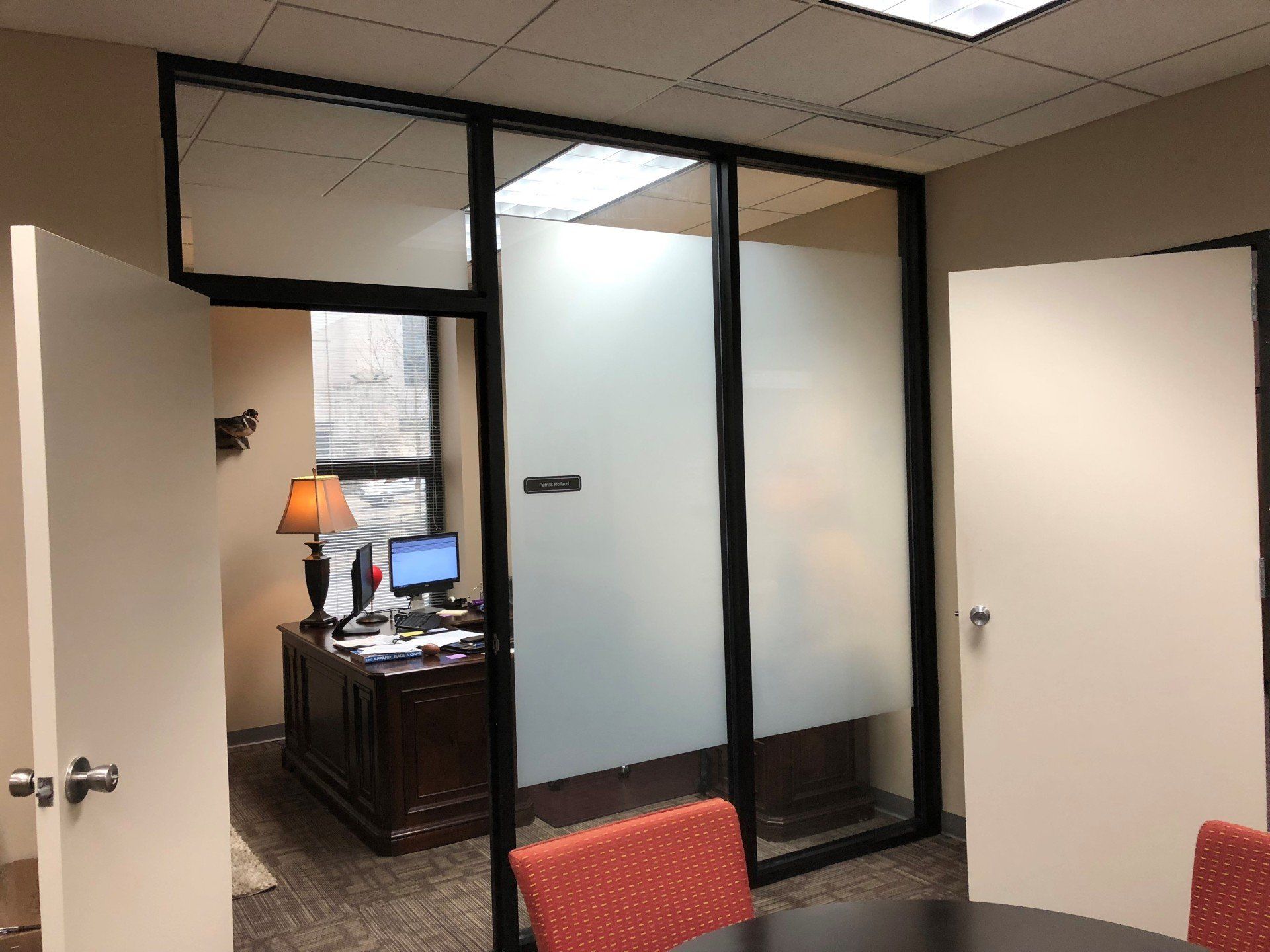 Decorative semi privacy office window tint in AL - Decorative or security tint installation service for commercial building windows in Montgomery AL