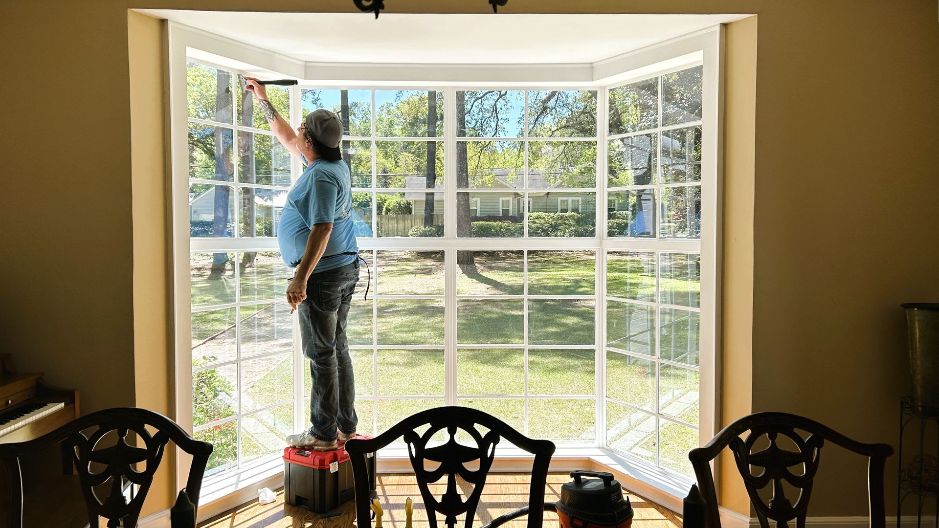 Bright Sunlight with harmful UV-Rays needed to be filtered out to keep the open window view. SPF residential tint was much more cost effective than shutters allowing the windows to maximize views without heat entering or UV-Sun fading inside the home.