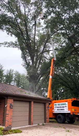 A tree trimming truck is cutting a tree in front of a house.