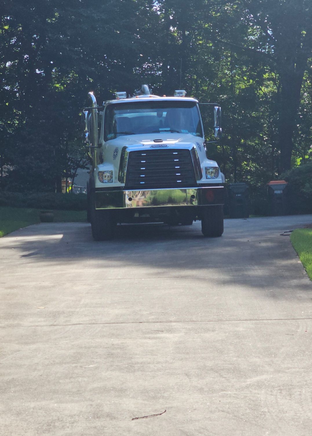 A white truck is parked in a driveway with trees in the background