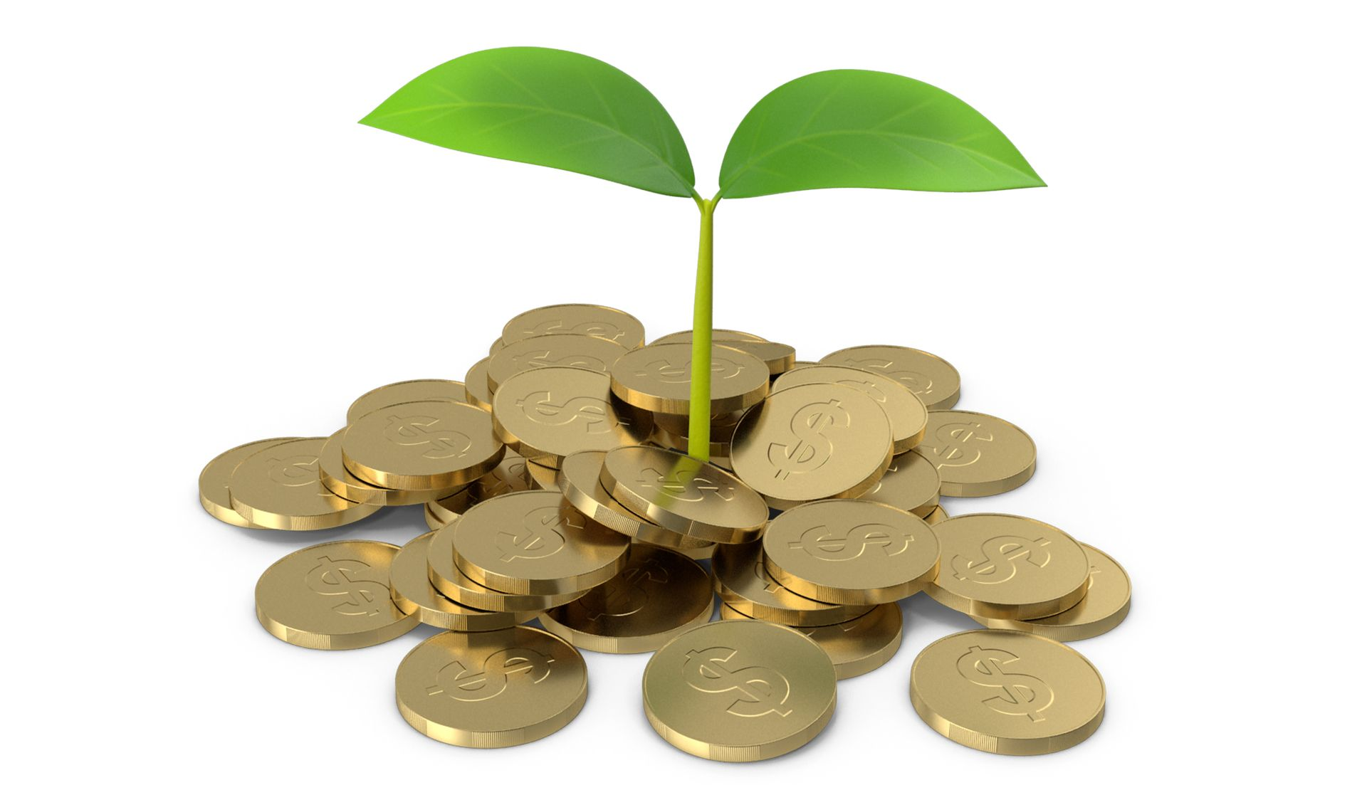Pile of gold coins with a green plant sprouting from the center Pile of gold coins with a green plant sprouting from the center, symbolizing financial growth.