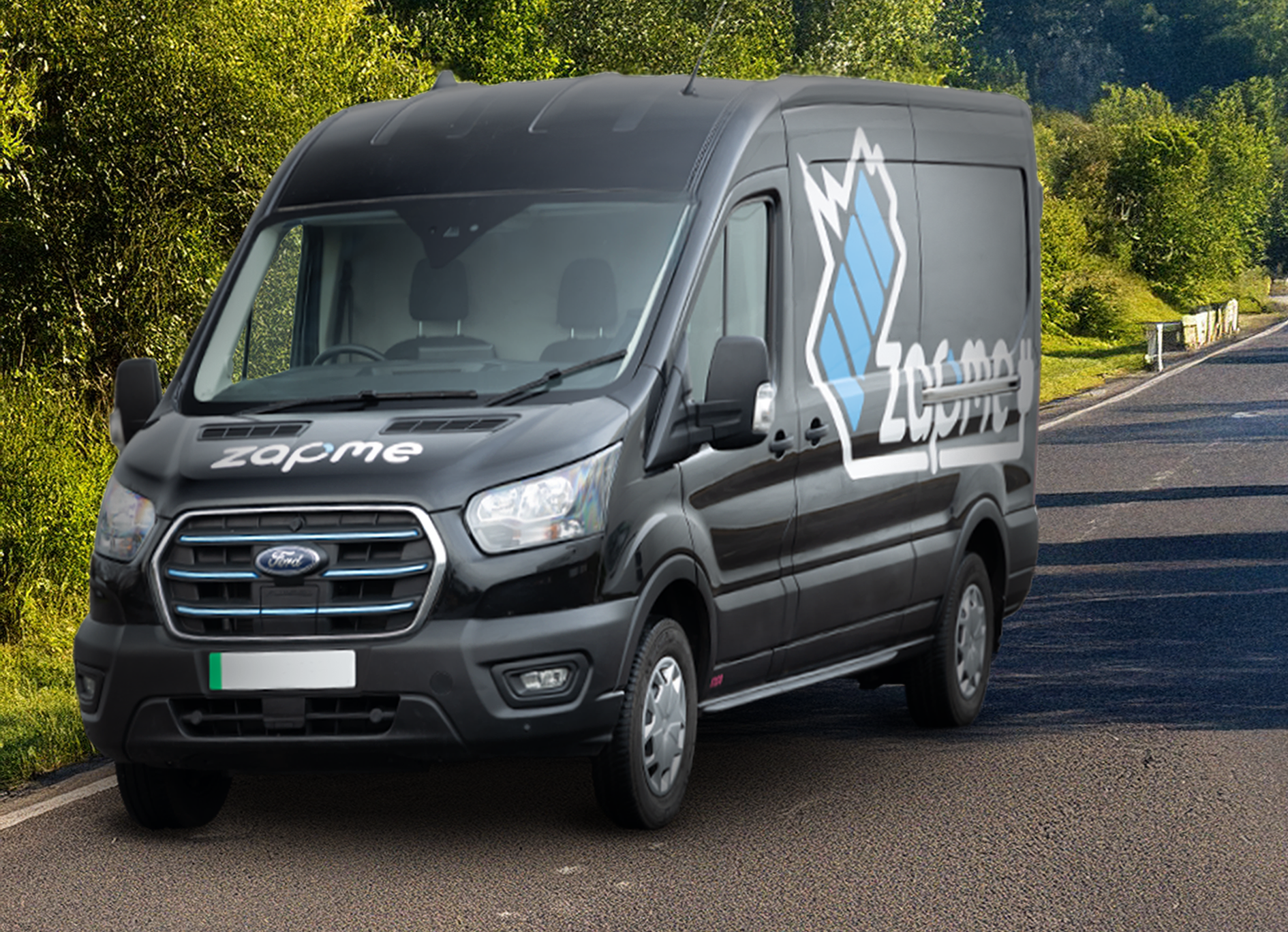 A black ZAPME van parked on the side of a road.