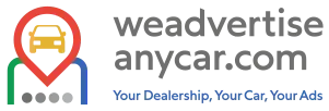 Weadvertiseanycar.com logo with car pin icon and tagline “Your Dealership, Your Car, Your Ads”