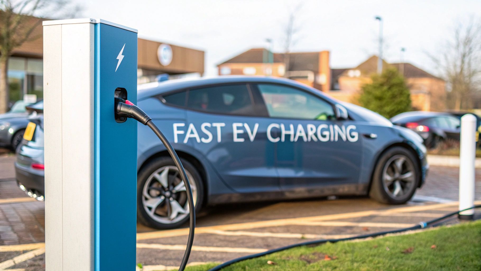 Blue electric car charging at a