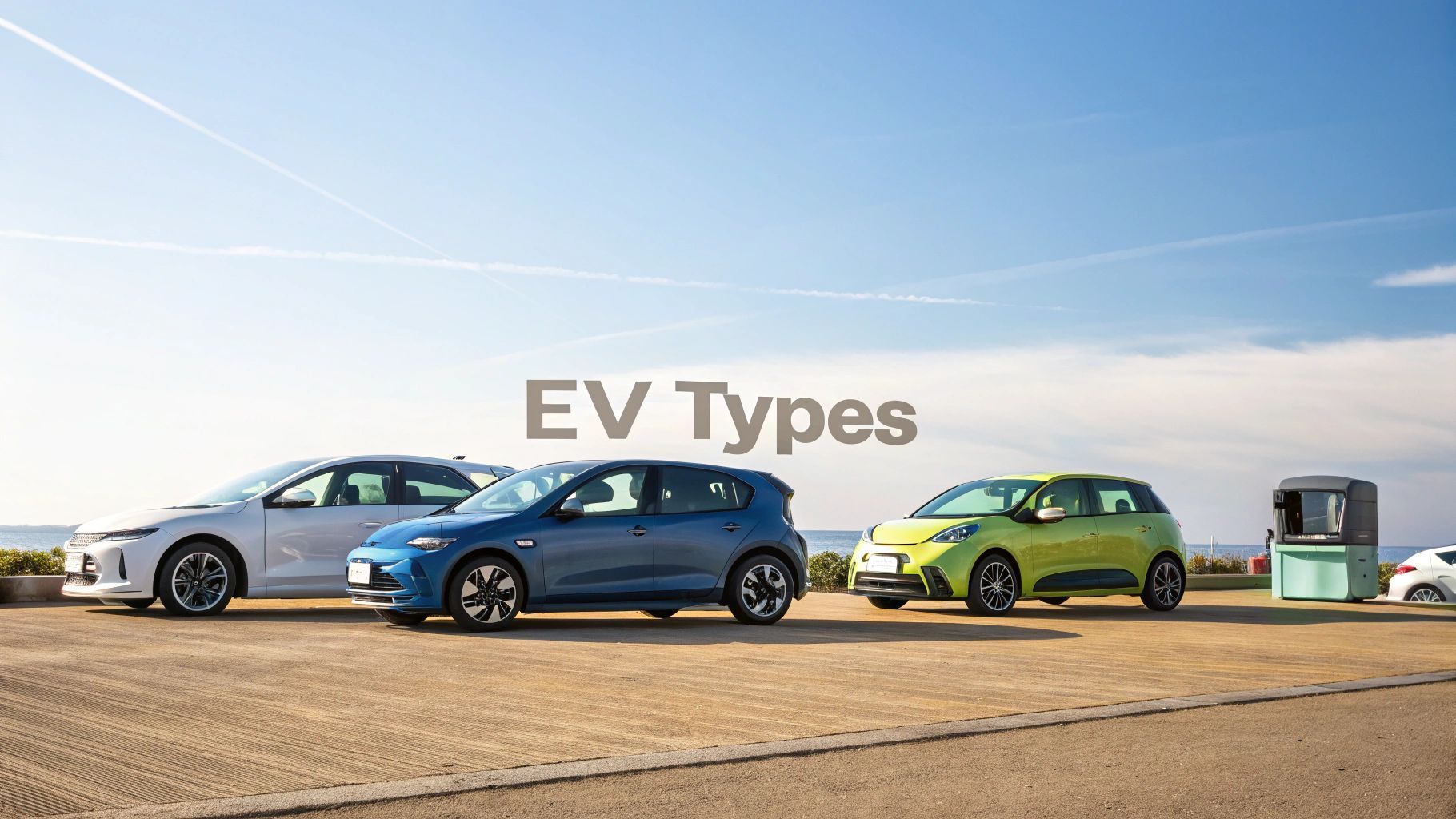 Three electric cars of different colors parked outdoors with EV Types text.