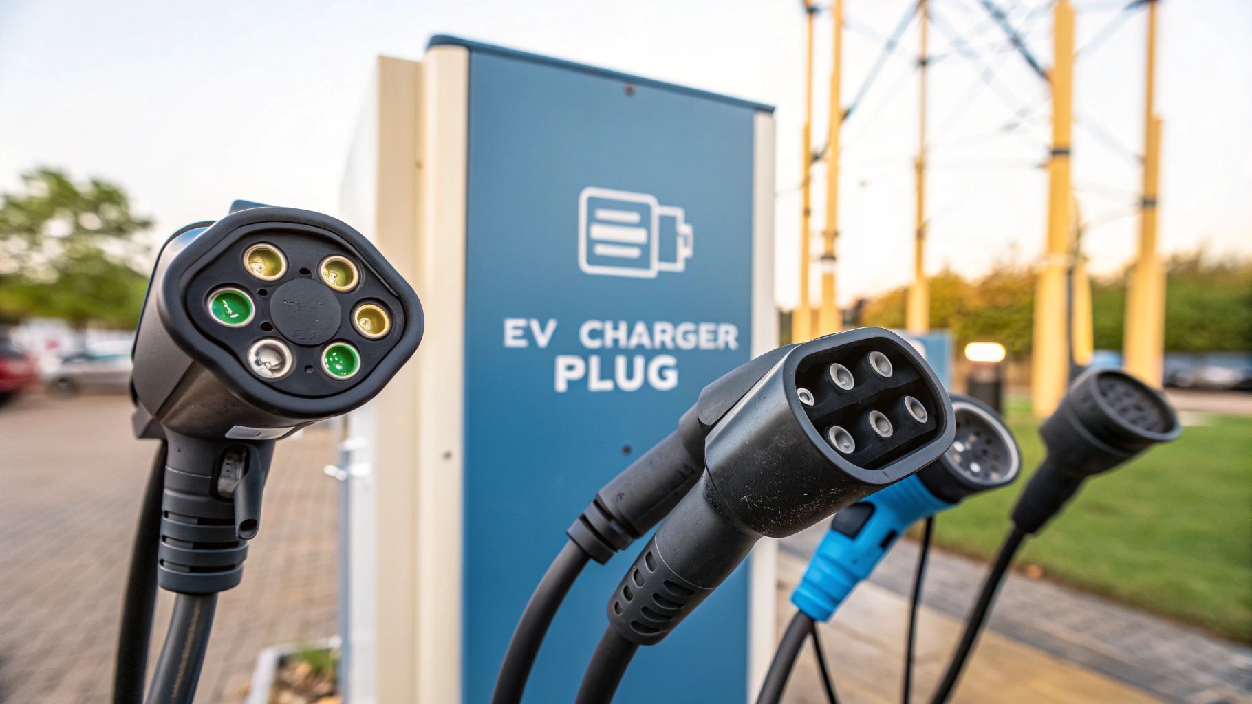 Close-up of EV charger plugs at a charging station. Several black and blue plugs face the viewer, with an