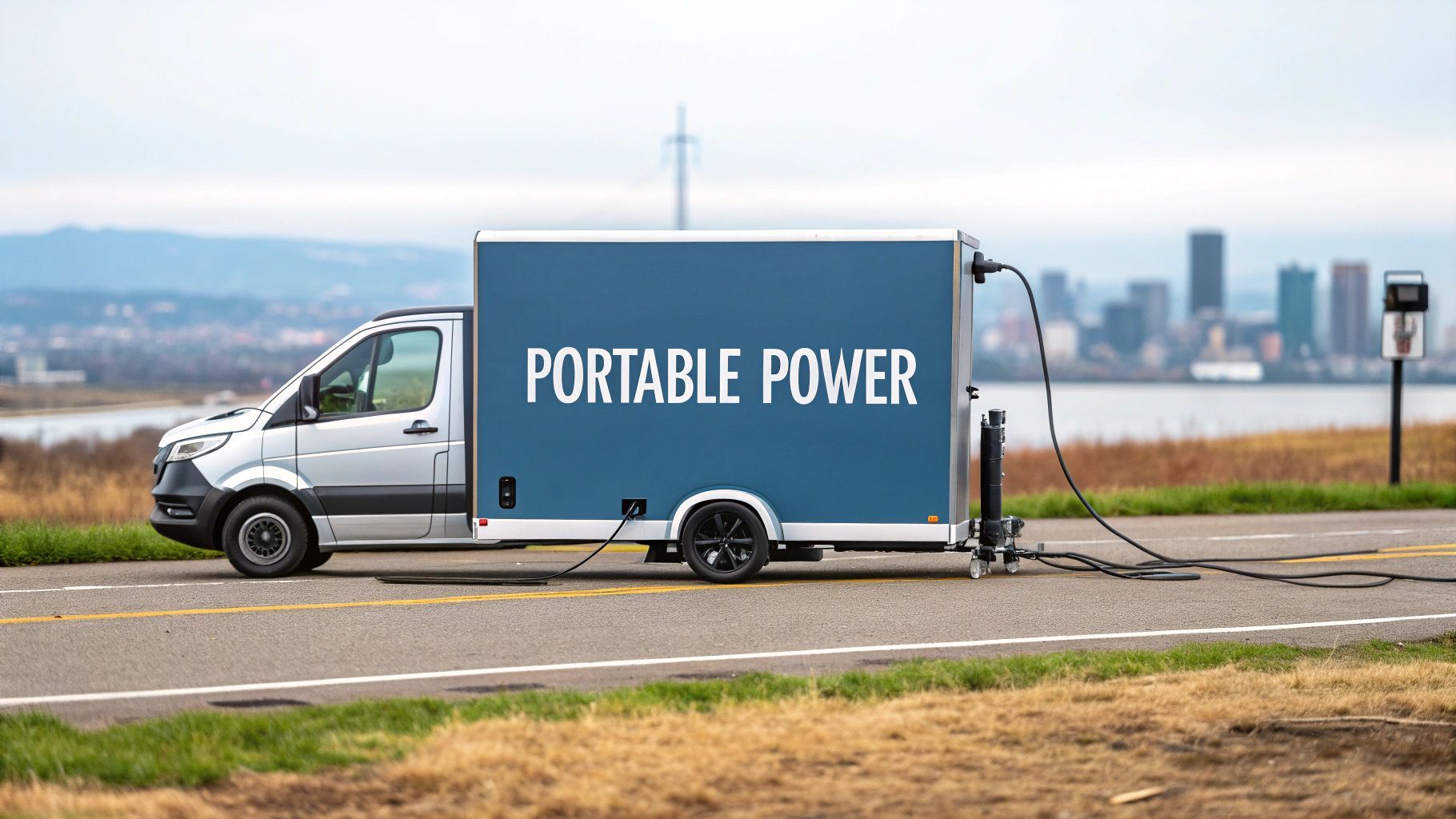 Silver van towing a blue trailer labeled 